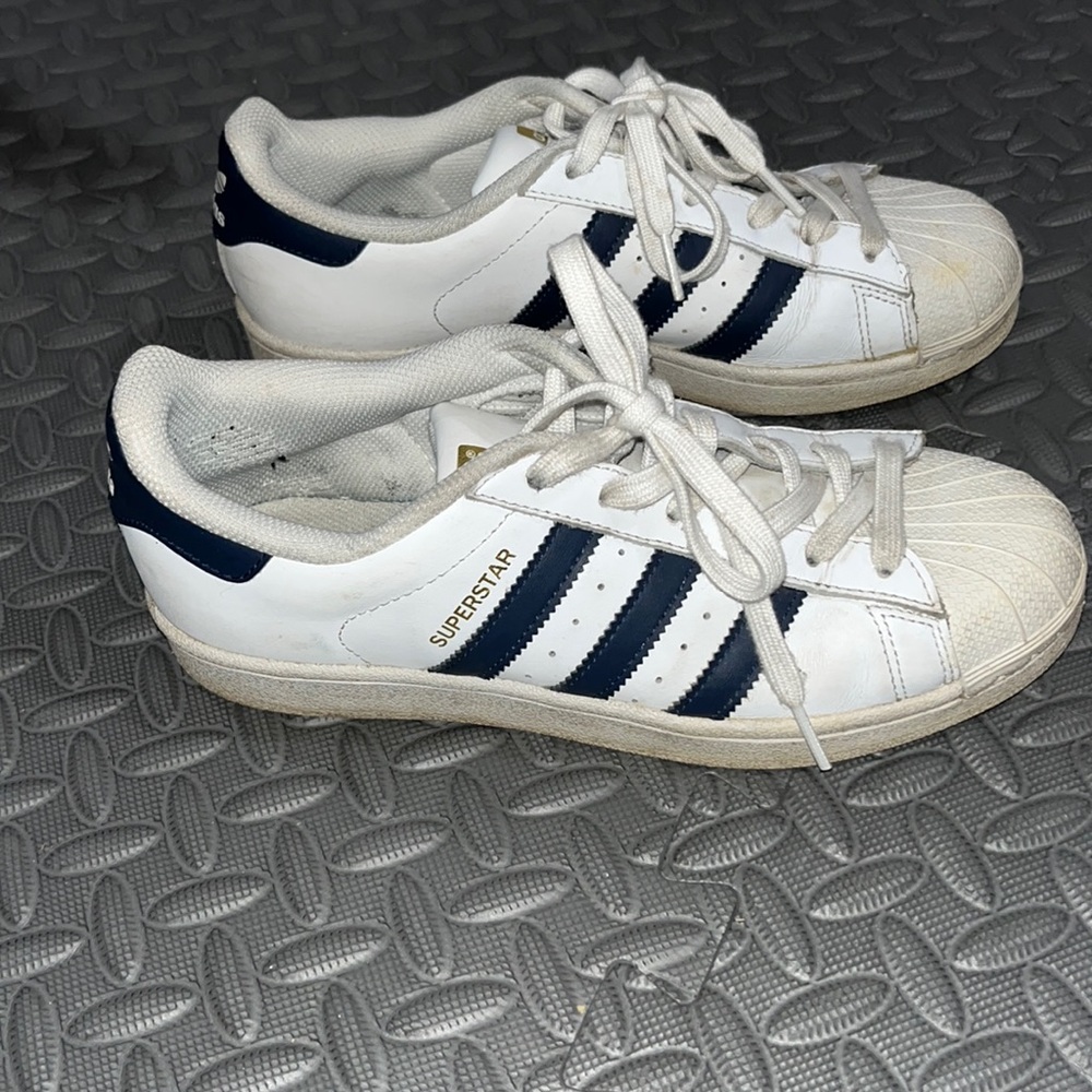 Boys 6 1/2 superstar sneakers with blue stripes